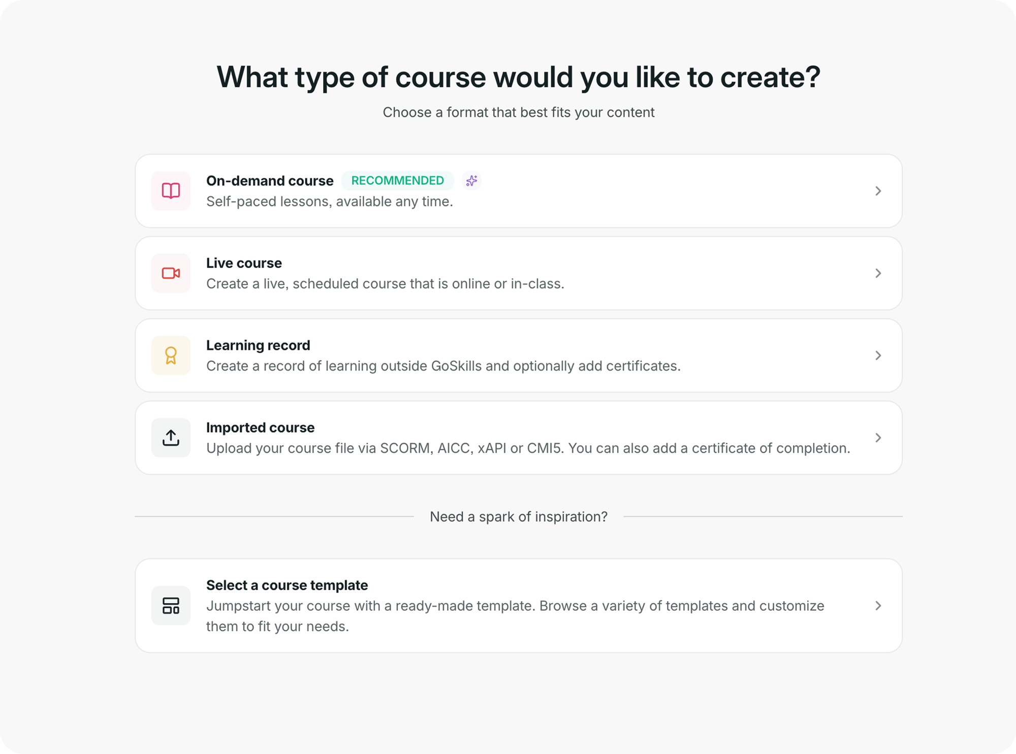 GoSkills course creation screen showing the available course types.