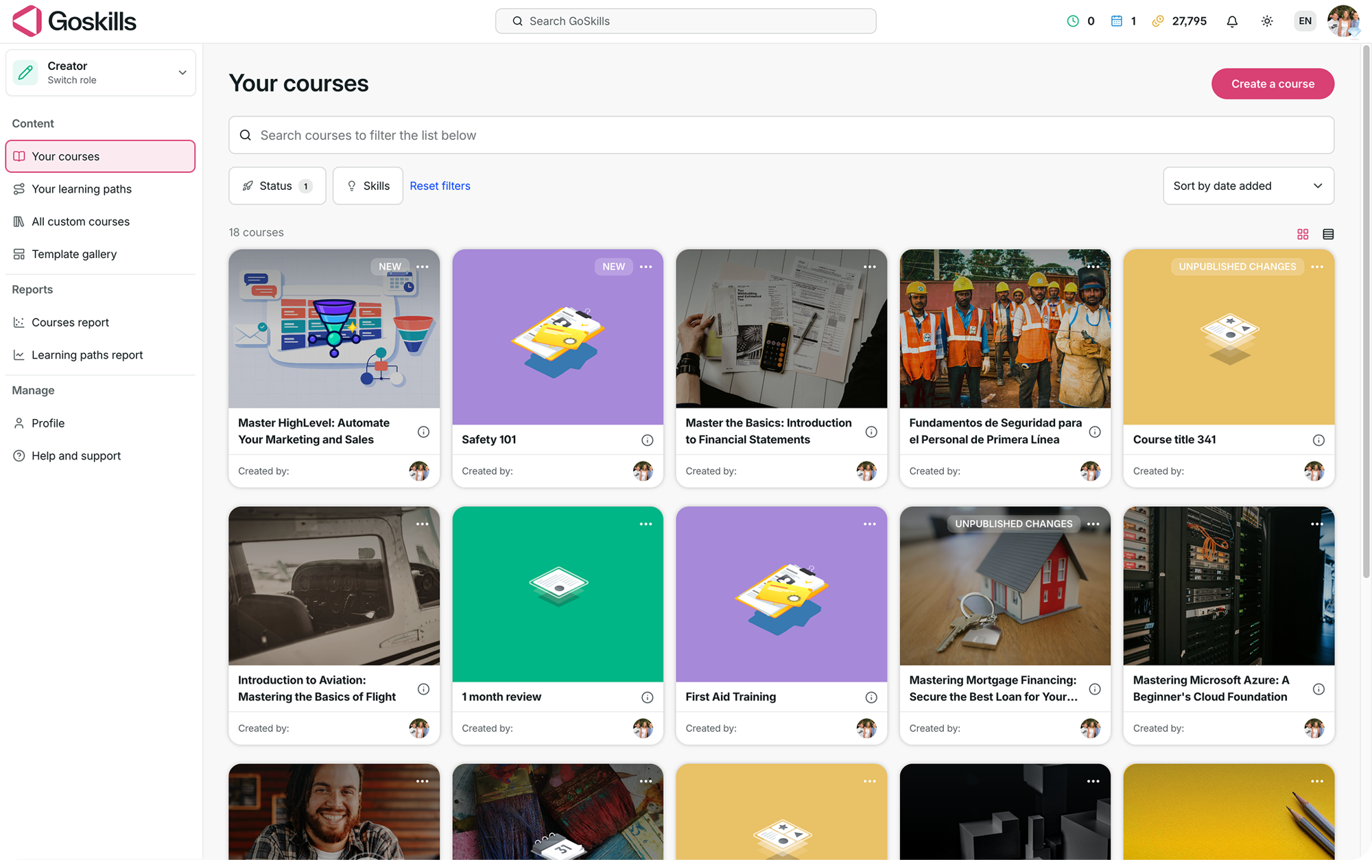 GoSkills Creator dashboard showing Your courses and the Create a course button.