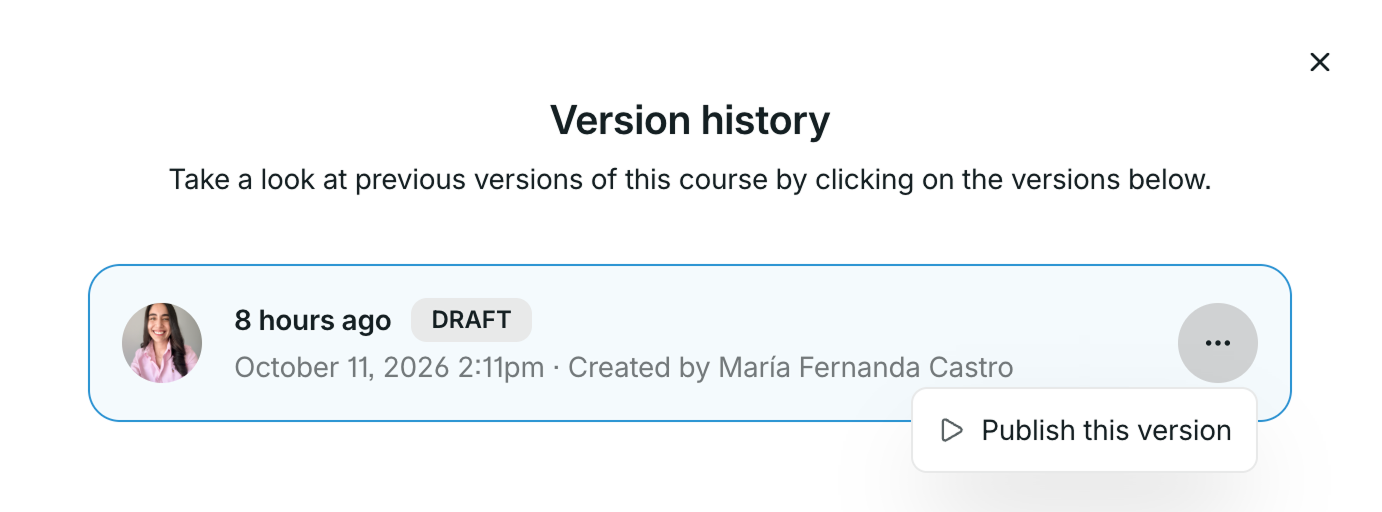 Version history window showing a previous course version and its details.