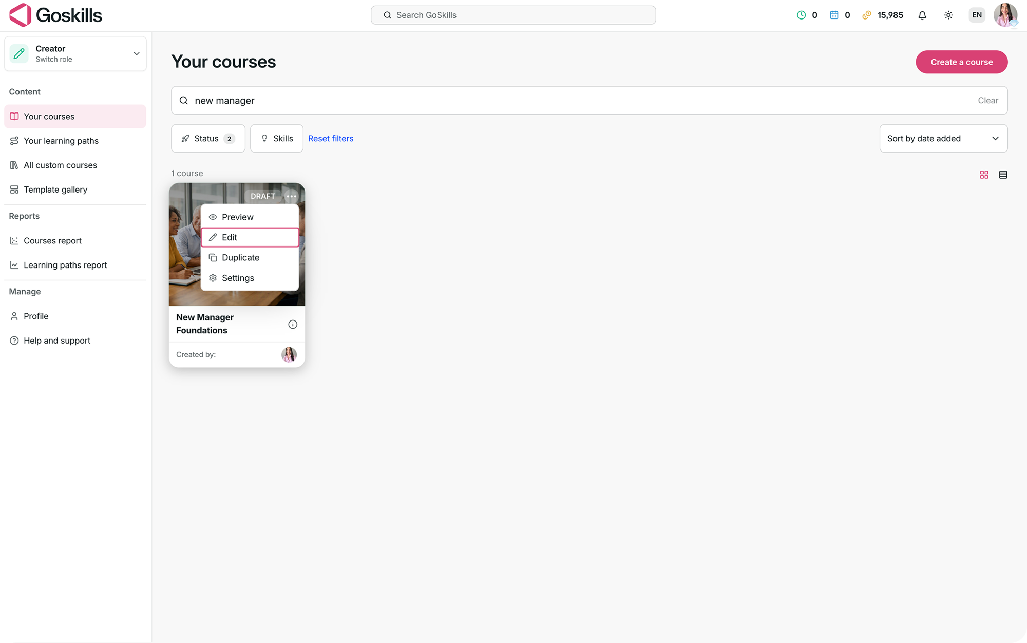 Your courses page showing the three-dot menu with the Edit option.