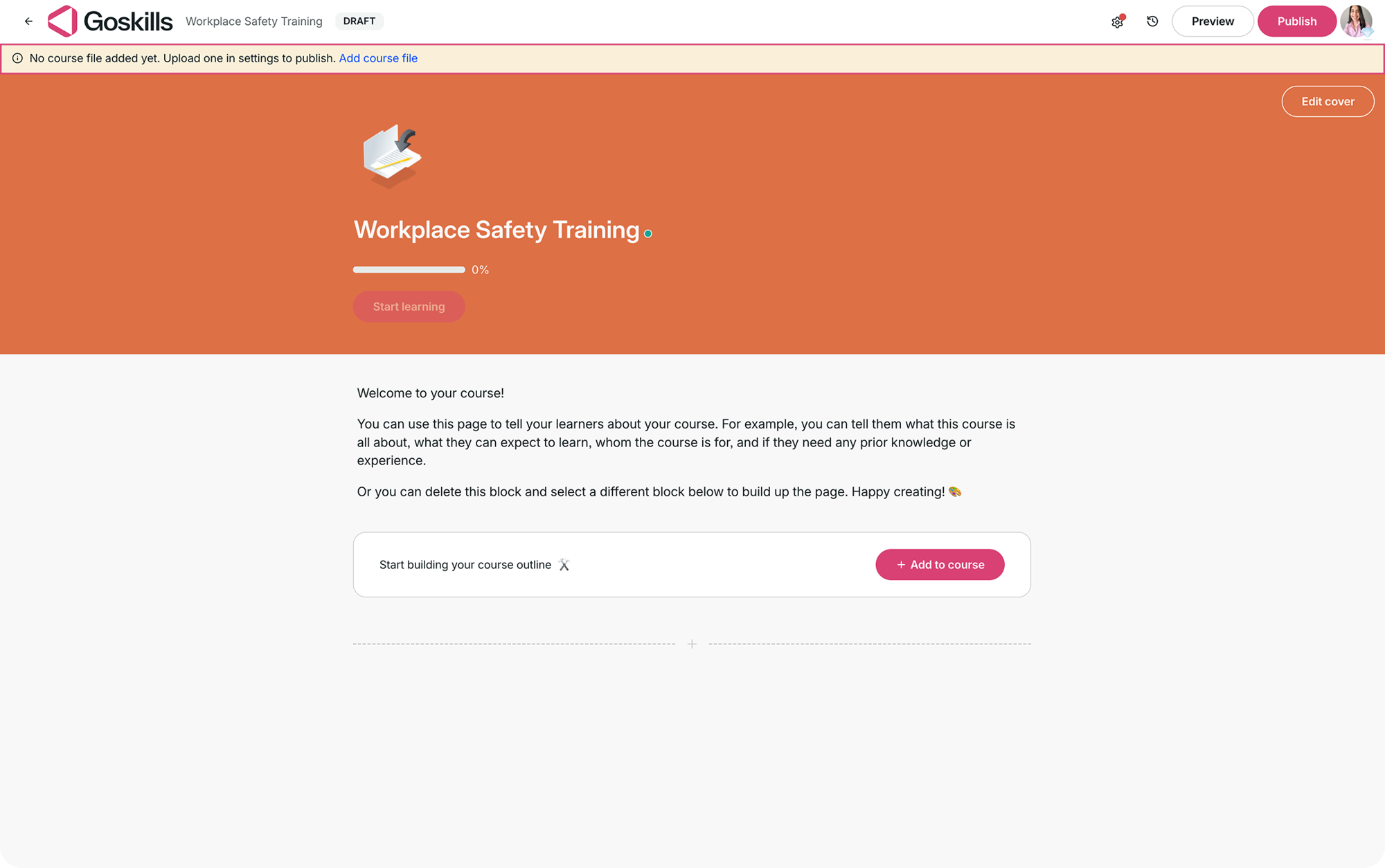 Imported course page showing the Add course file option.