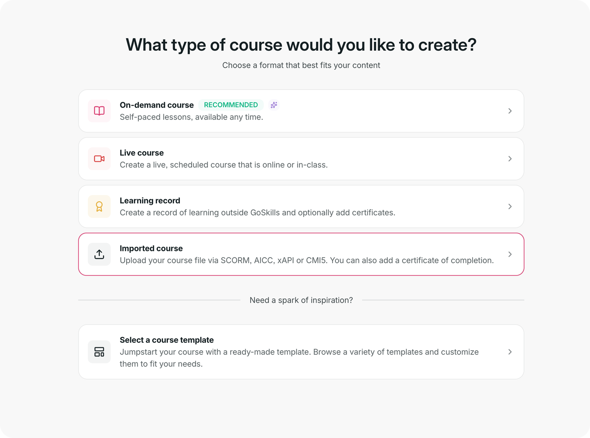GoSkills course creation screen showing the Imported course option.