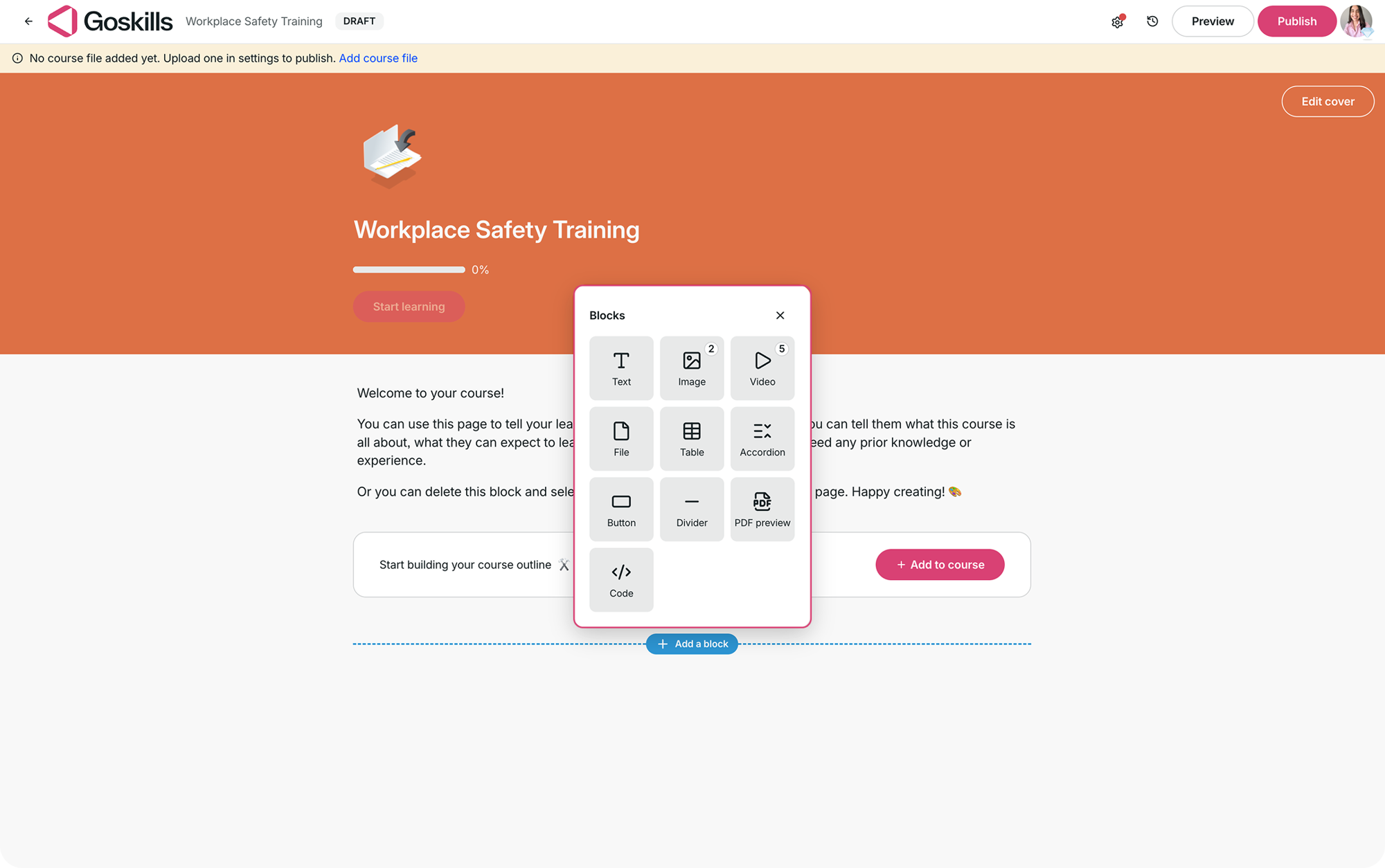 Imported course overview page showing the Add a block menu with available content options.